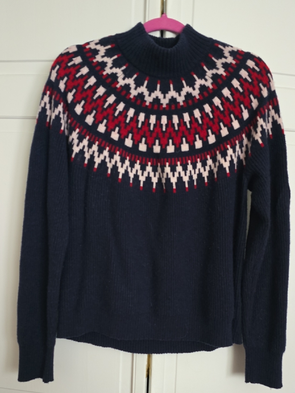 J. Crew Navy Sweater with Red & White Fair Isle Mock Collar Womens Size Large